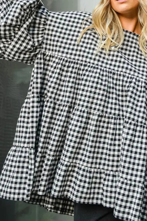 'Vaila' Oversize Long Sleeve Gingham Blouse - Celes Fashion